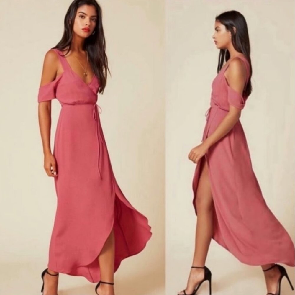 Reformation Jules Strawberry, Cold Shoulder Wrap Maxi Dress - Size 6 - Picture 3 of 8